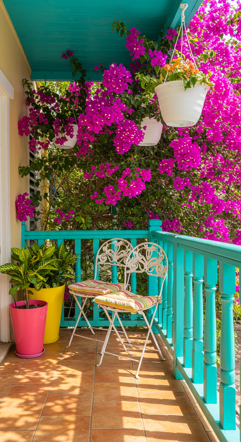 Balkon met turquoise reling, fuchsia bougainvillea, kleurrijke potten en witte metalen stoeltjes.