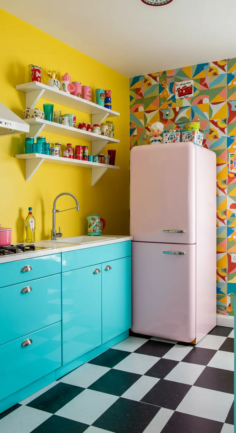Kleurrijke retro keuken met gele muren, turquoise kastjes en roze koelkast.