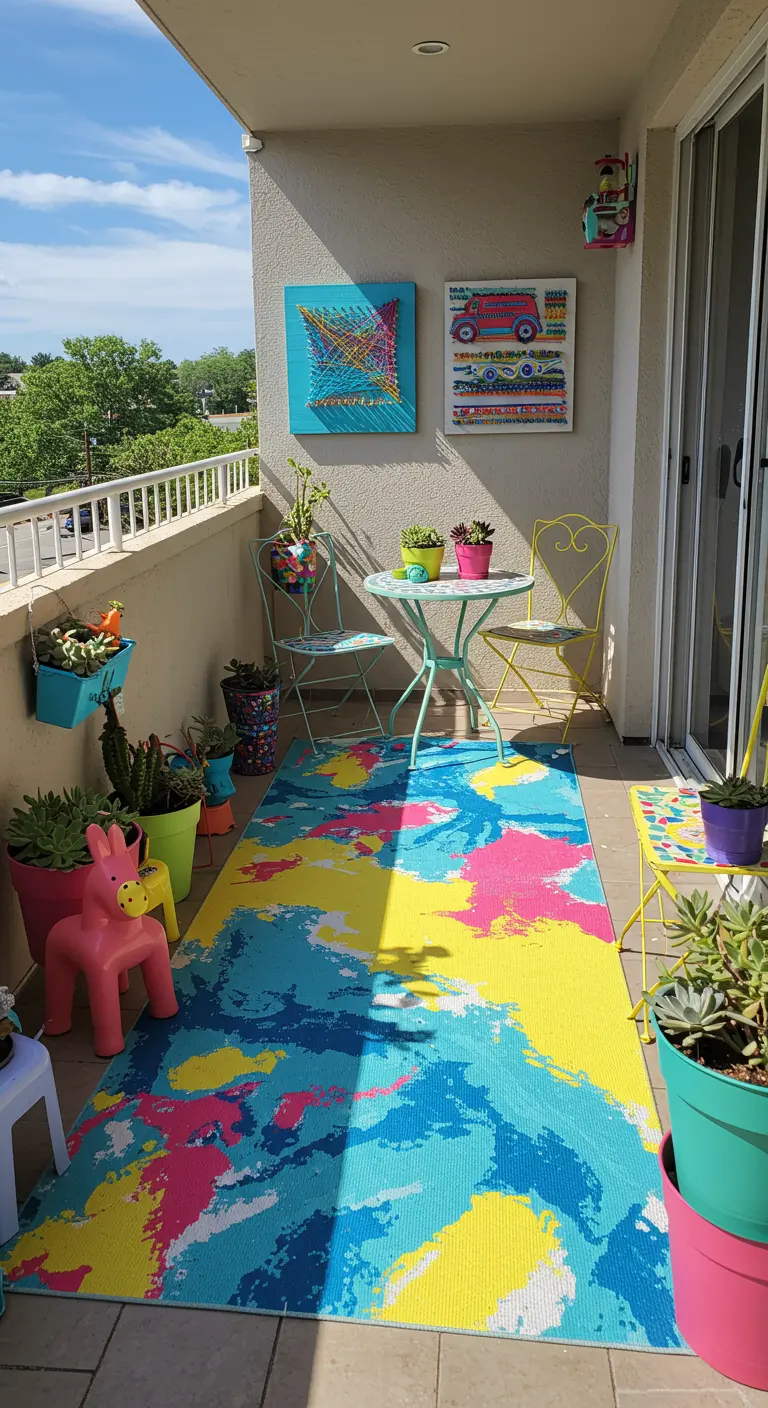 Balkon met felgekleurde meubels en een levendig abstract buitenkleed in blauw, geel en roze.