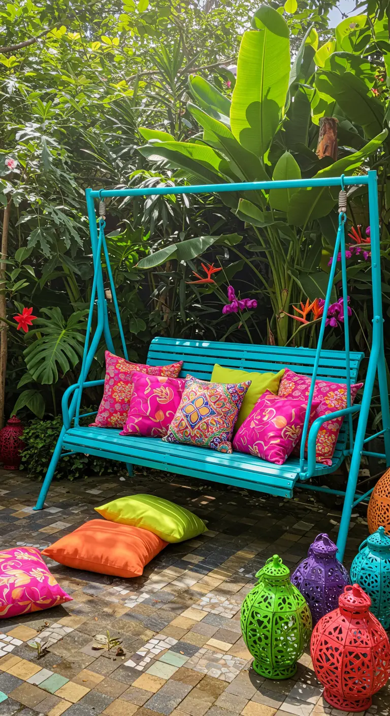 Turquoise schommelbank met roze, gele en oranje kussens in een tropische tuin met felgekleurde lantaarns.
