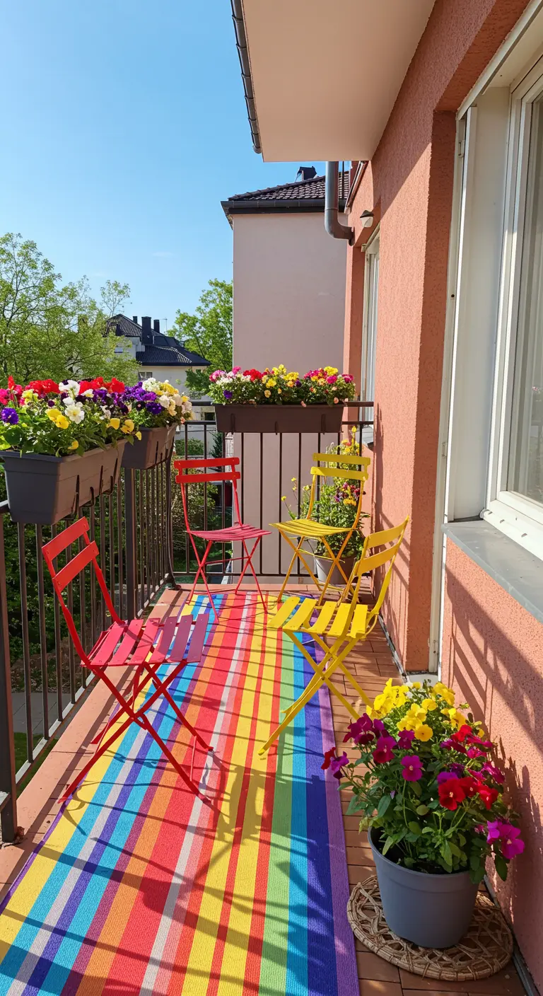Kleurrijk balkon met gestreept buitenkleed en felgekleurde stoelen.