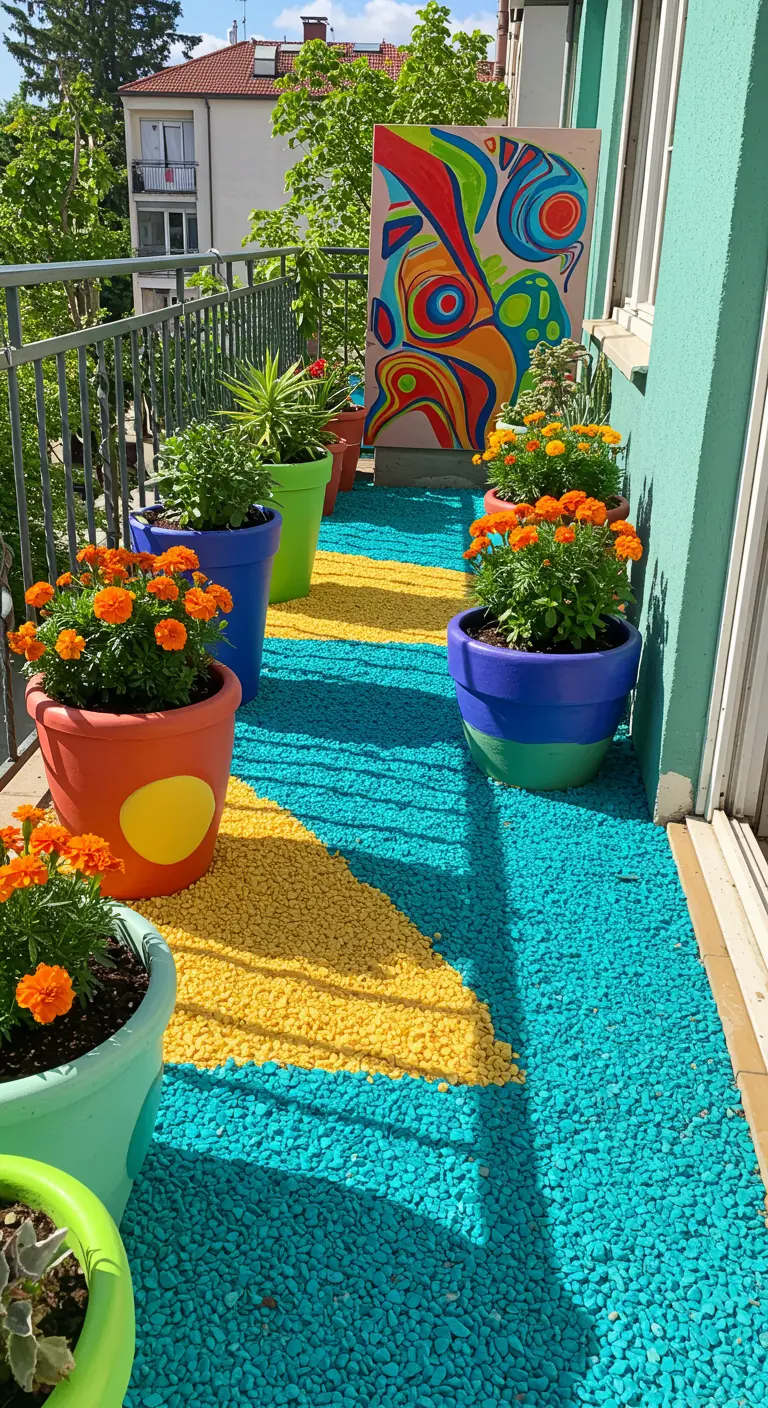 Balkon met felgekleurd blauw en geel grind in een patroon, met oranje bloemen in kleurrijke potten.