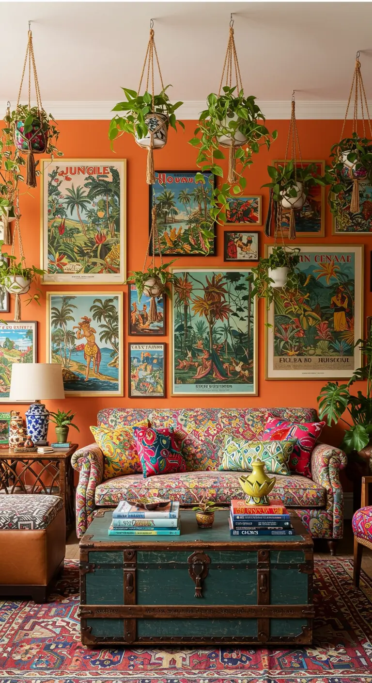 Kleurrijke woonkamer met oranje muur, tropische posters en veel hangplanten.