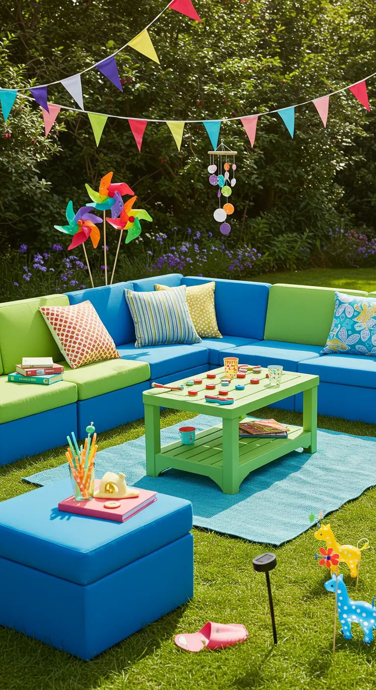 Kleurrijke modulaire loungeset met vlaggenlijn en speelse accessoires in een tuin.