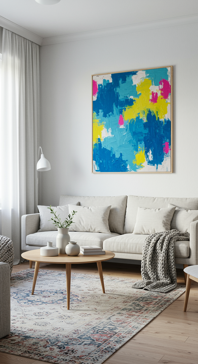 Licht interieur met een groot, kleurrijk abstract schilderij boven een beige bank.