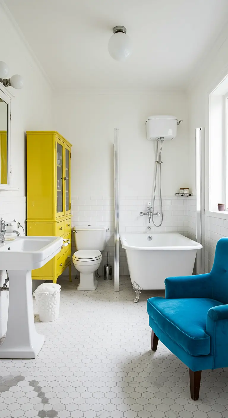 Witte badkamer met een felgele kast en een blauwe fluwelen fauteuil als kleuraccenten.