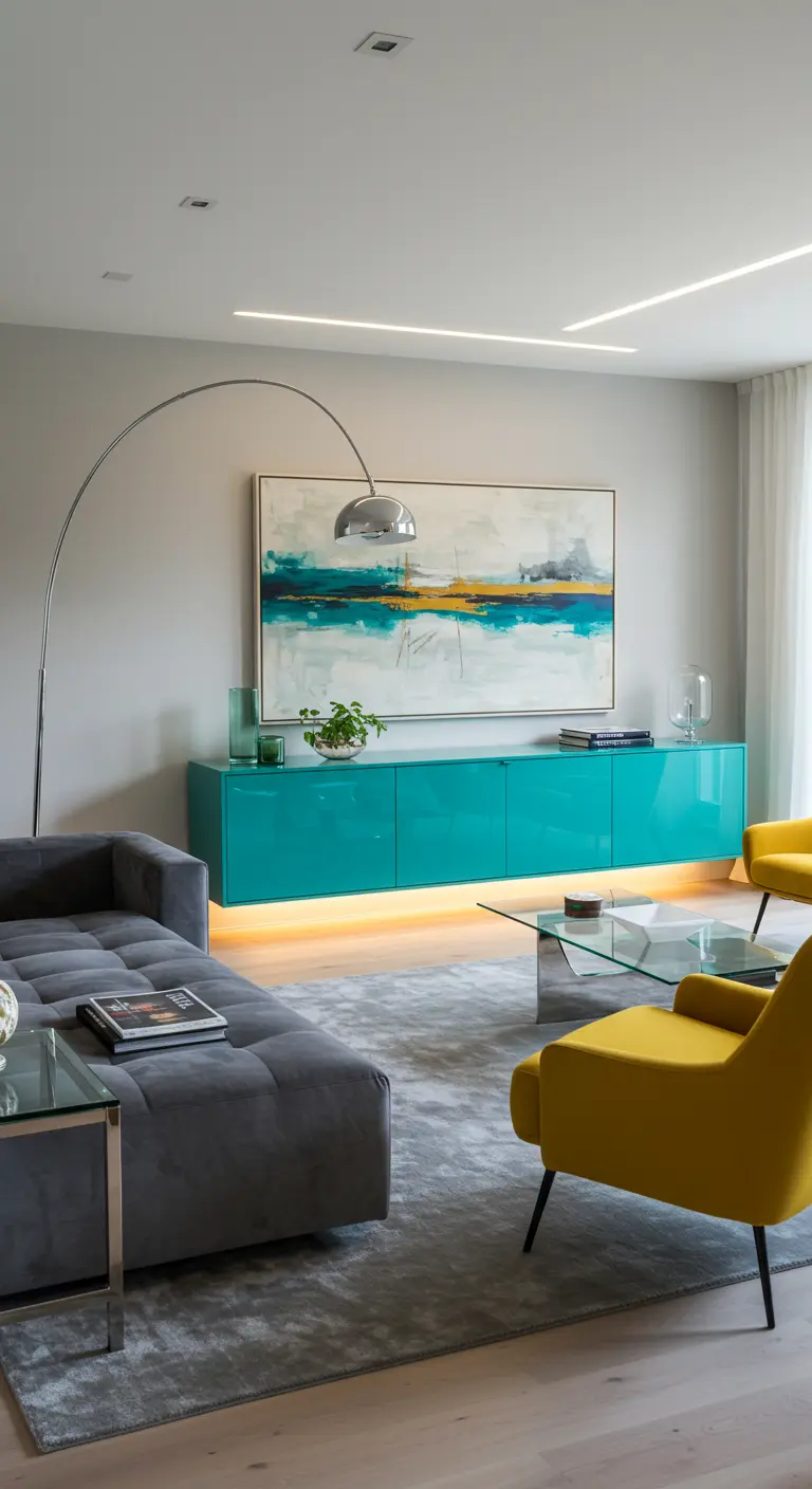 Moderne woonkamer met zwevend turkoois dressoir, grijze bank en gele fauteuil.