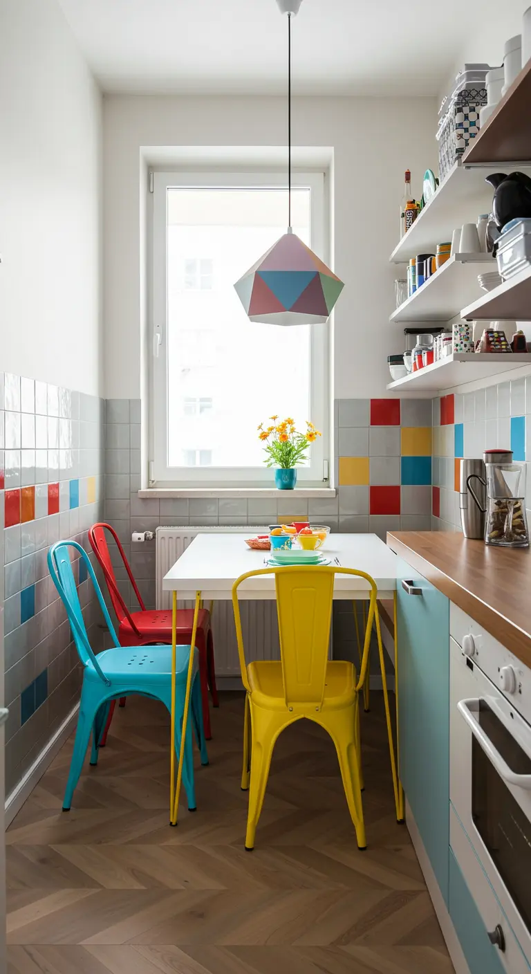 Smalle witte eettafel met felgekleurde metalen stoelen in een lichte keuken.
