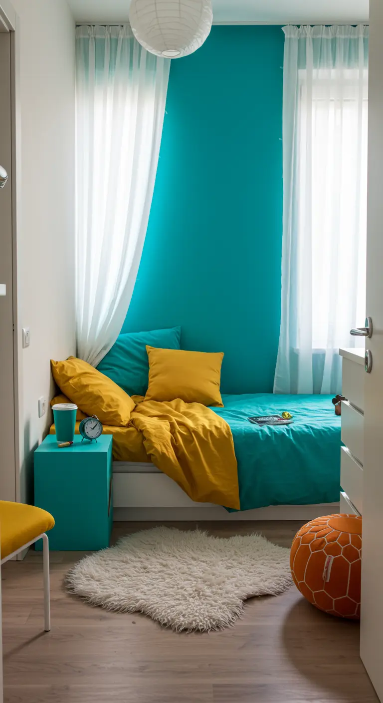 Compacte slaapkamer met turquoise accentmuur, geel beddengoed en een wit fluffy kleedje.