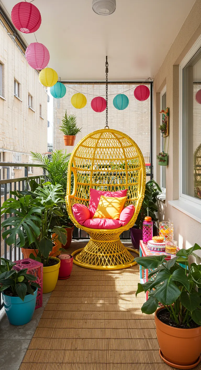 Kleurrijk balkon met gele rotan hangstoel, lampionnen en veel planten.