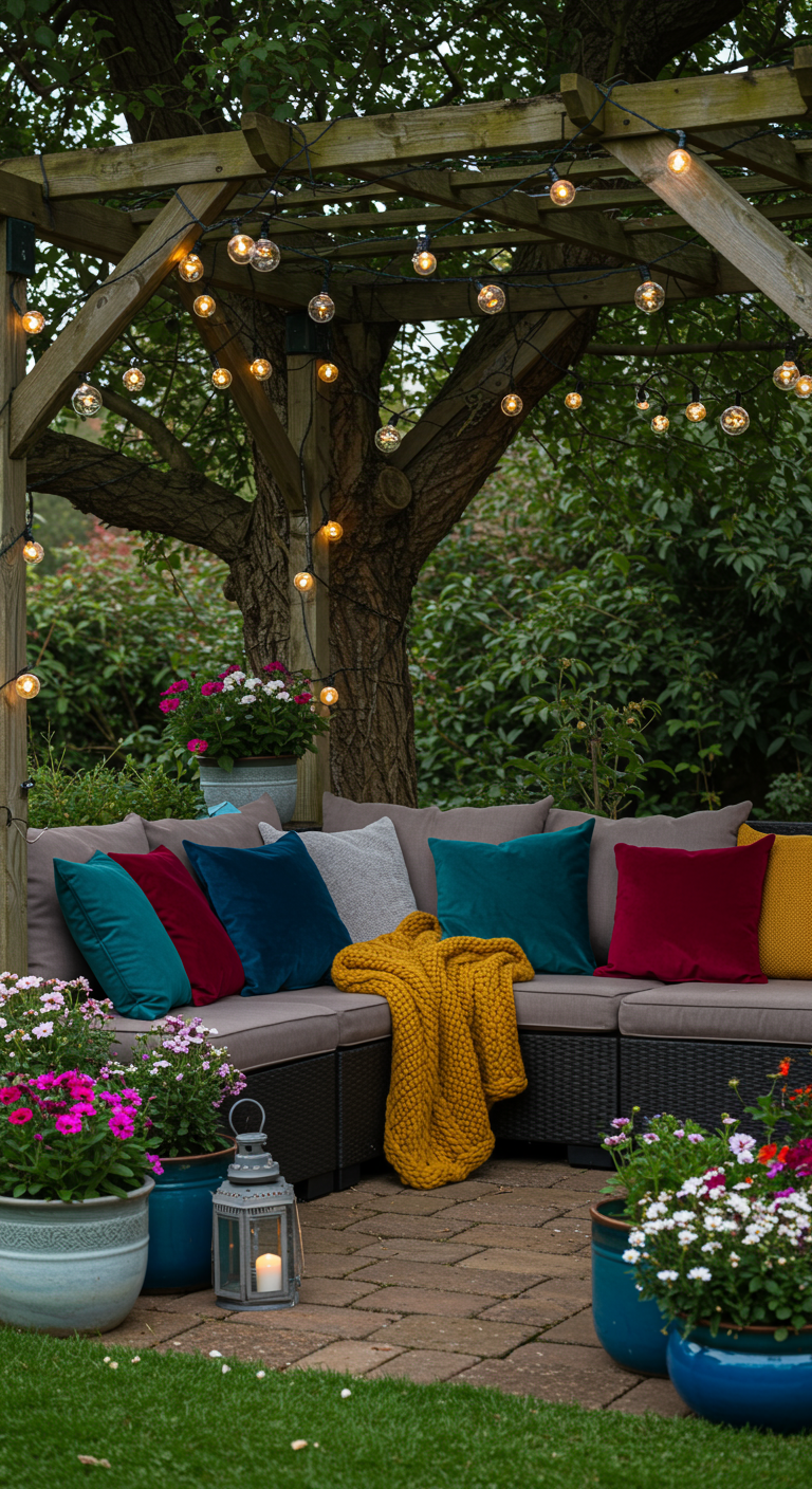 Tuinloungeset onder pergola met kleurrijke kussens en lichtslingers.