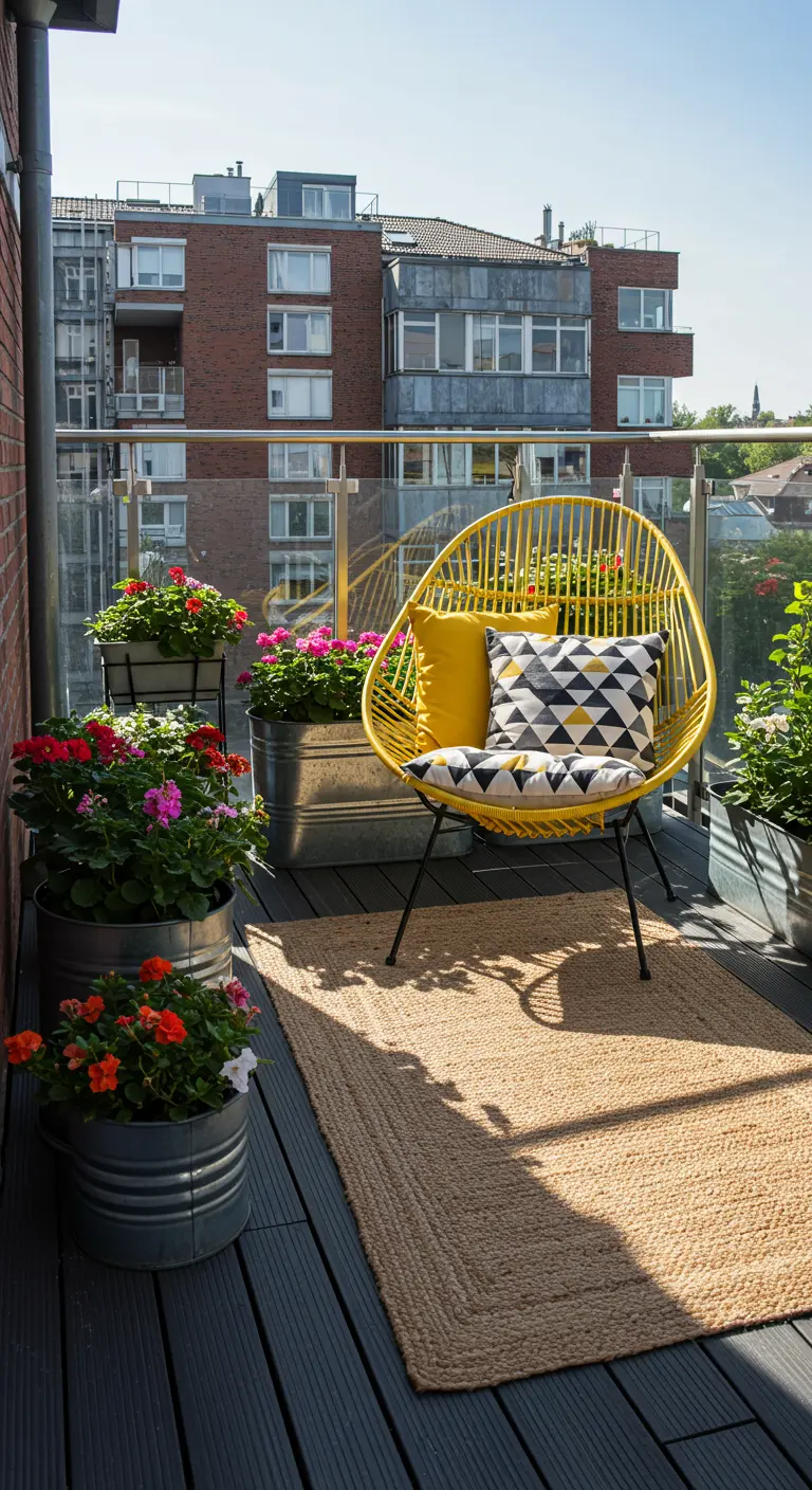 Felgele metalen hangstoel op balkon met bloemen in zinken potten.