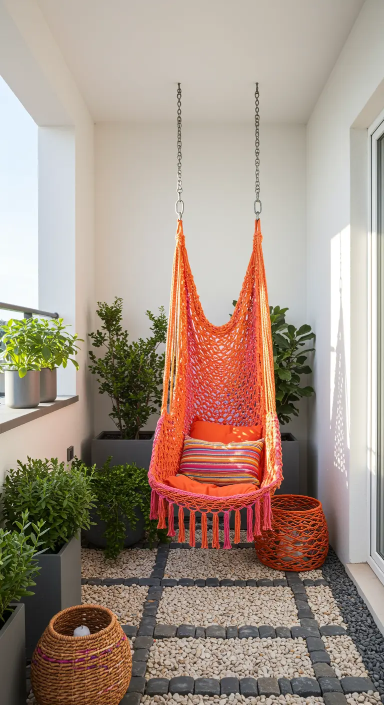 Feloranje macramé hangstoel op een modern balkon met grafische tegels.