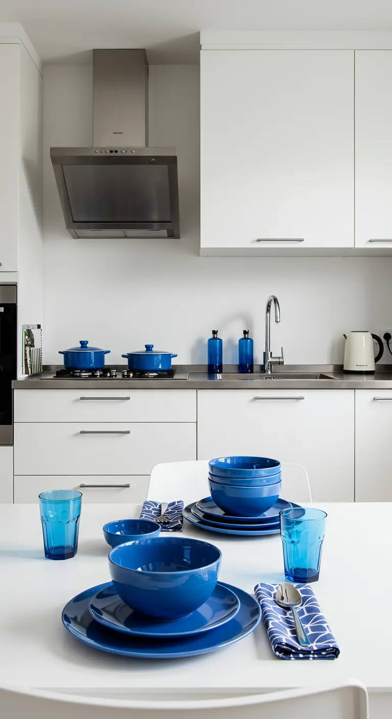 Moderne witte keuken met helderblauw servies als kleuraccent.