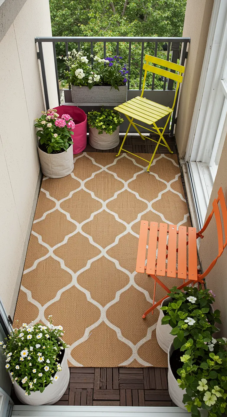 Smal balkon met felgekleurde klapstoeltjes, een buitenkleed en bloempotten.
