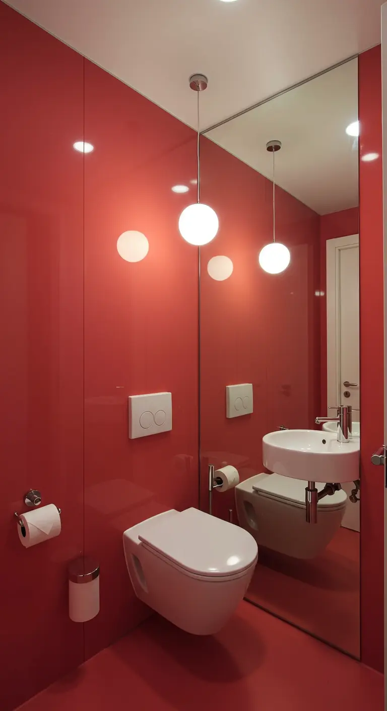 Kleine, felrode badkamer met een volledige spiegelwand.