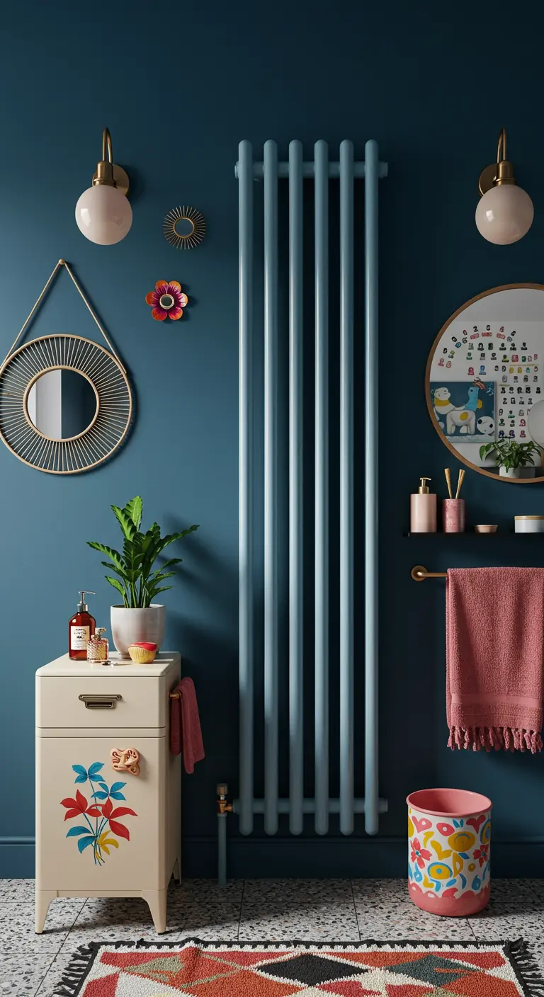 Lichtblauwe verticale radiator in een badkamer met donkerblauwe muren en kleurrijke accessoires.