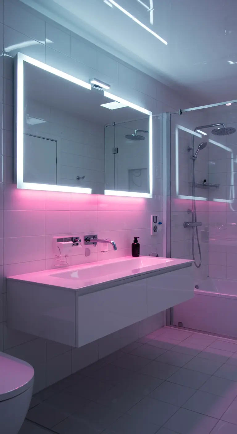Moderne badkamer met spiegel voorzien van roze LED-achtergrondverlichting.