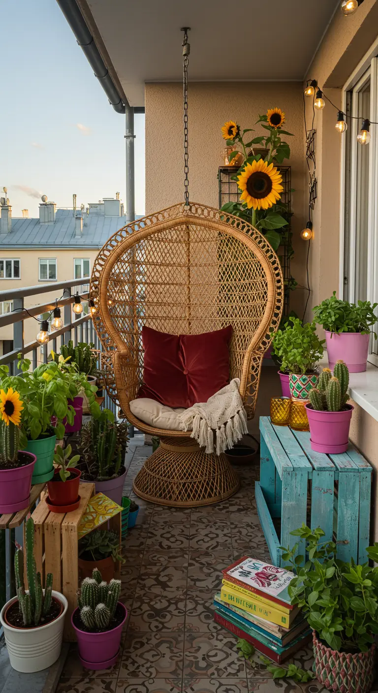Rotan pauwenstoel als hangstoel op balkon met kleurrijke potten, zonnebloemen en cactussen.