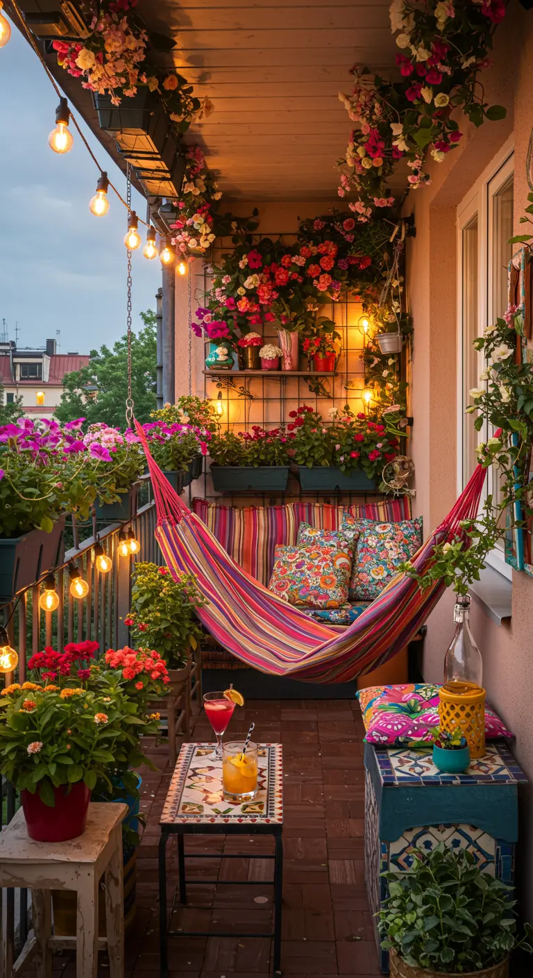 Kleurrijk balkon met hangmat, veel bloemen, lichtslingers en vrolijke kussens.
