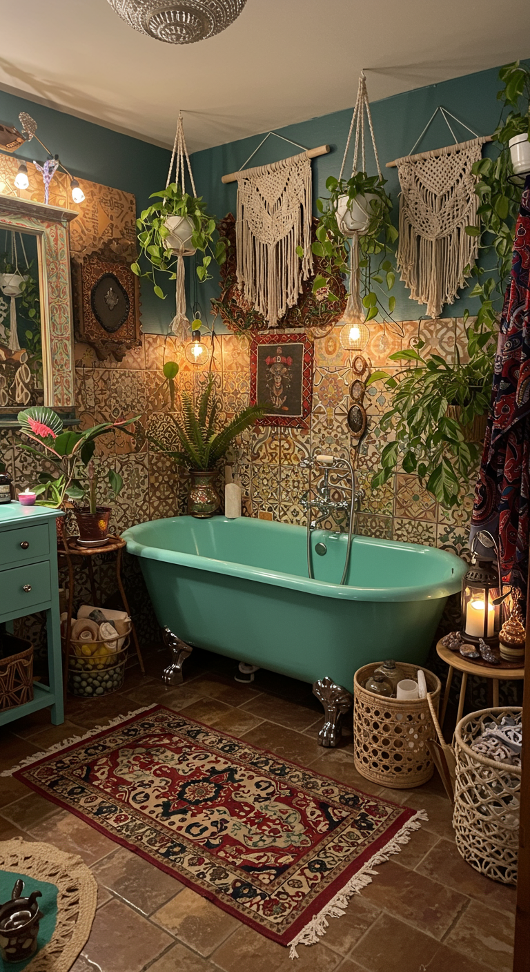 Bohemian badkamer met turquoise bad op pootjes, kleurrijke tegels, macramé en veel planten.