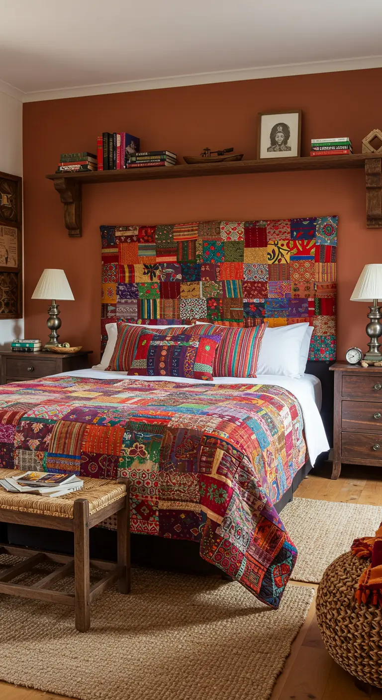 Kleurrijk patchwork quilt gebruikt als hoofdbord in een bohemian stijl slaapkamer.