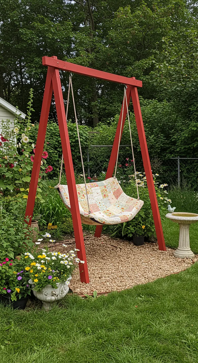 Stoffen hangschommel met patchwork quilt design in een felrood houten A-frame.