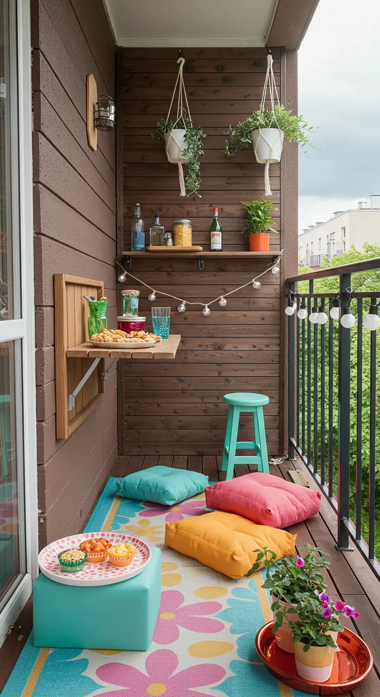 Klein balkon met opklaptafel, kleurrijke kussens op de grond en vrolijk tapijt.
