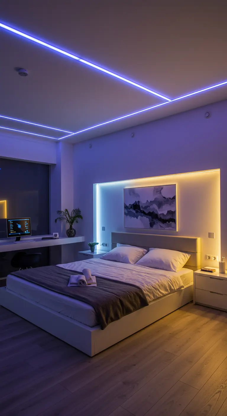 Moderne slaapkamer met contrasterende blauwe en gele LED-verlichting voor een dynamische sfeer.