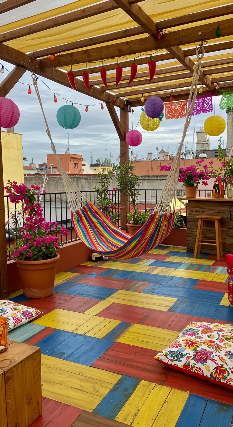 Vrolijk dakterras met bontgekleurde houten vloer, regenboog hangmat, lampionnen en planten.