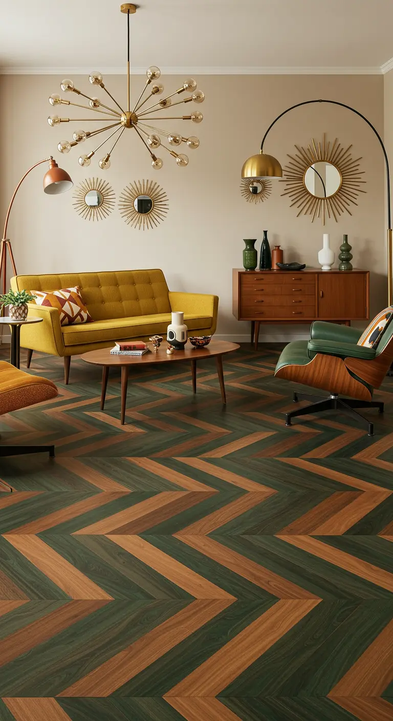Houten visgraatvloer in donkergroen en bruin, mid-century woonkamer.