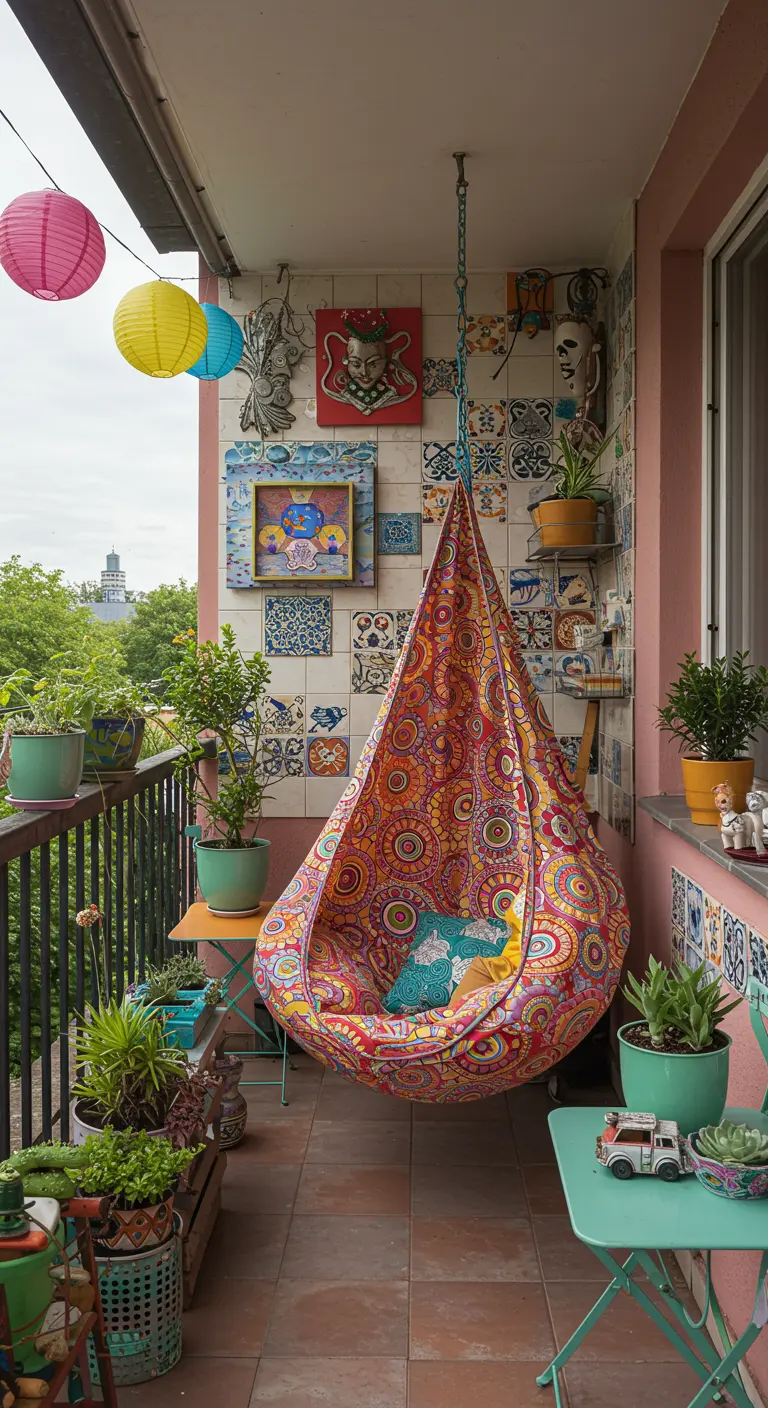 Sfeervol balkon 9 met kleurrijke hangstoel en artistieke details