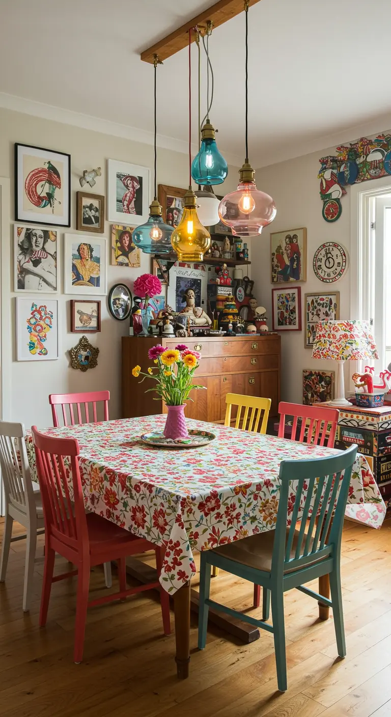 Vier glazen hanglampen in verschillende kleuren boven een eettafel met kleurrijk tafelkleed.