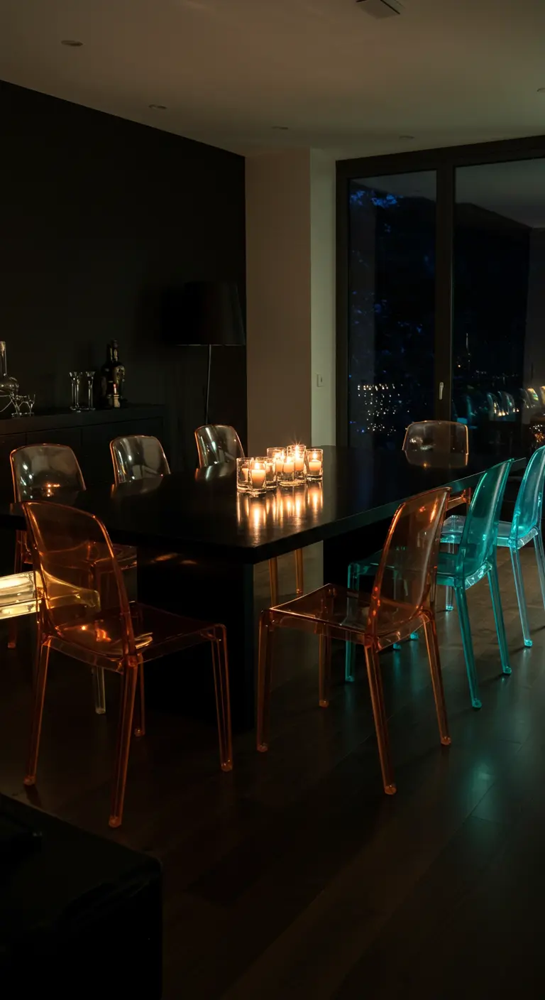 Donkere eetkamer met transparante oranje en blauwe stoelen en kaarslicht.