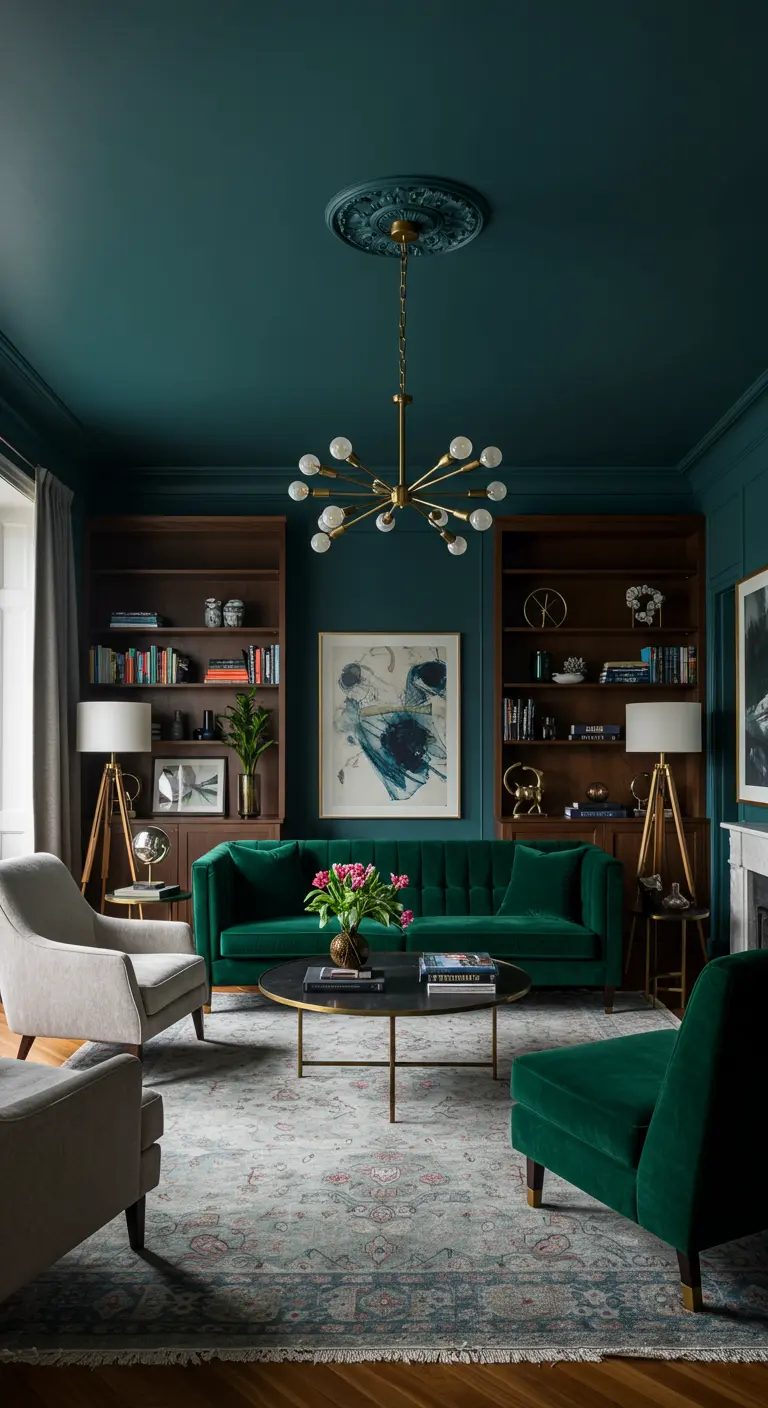 Donkergroene woonkamer met plafond in dezelfde kleur en gouden sputnik lamp.