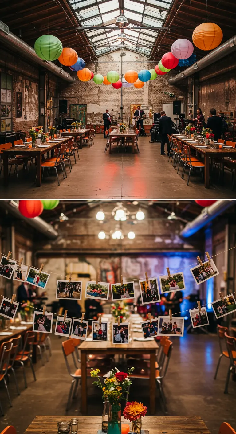 Feestlocatie met gekleurde lampionnen en fotolijn met herinneringen.