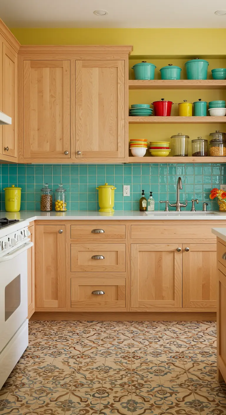 Licht houten keuken met open planken vol kleurrijk servies en turquoise tegels.