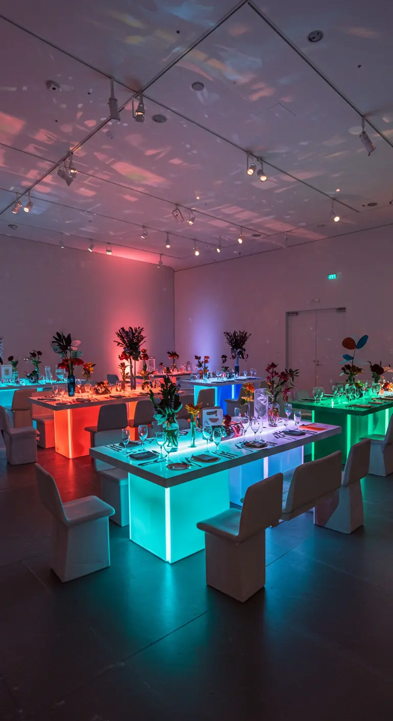 Moderne bruiloft met tafels met gekleurde LED-verlichting en artistieke bloemstukken.