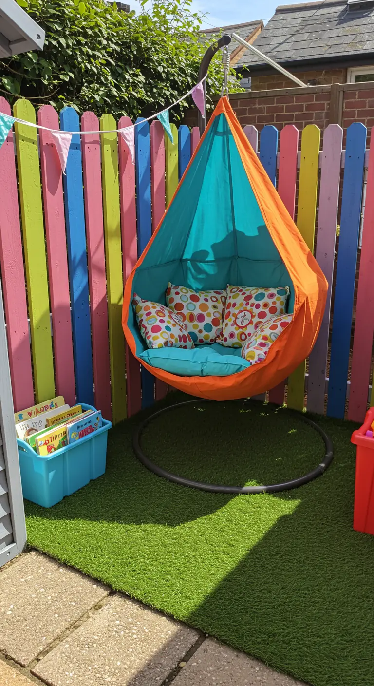 Kleurrijke kinderhangstoel in een tuin met regenboogschutting, kunstgras en speelgoed.