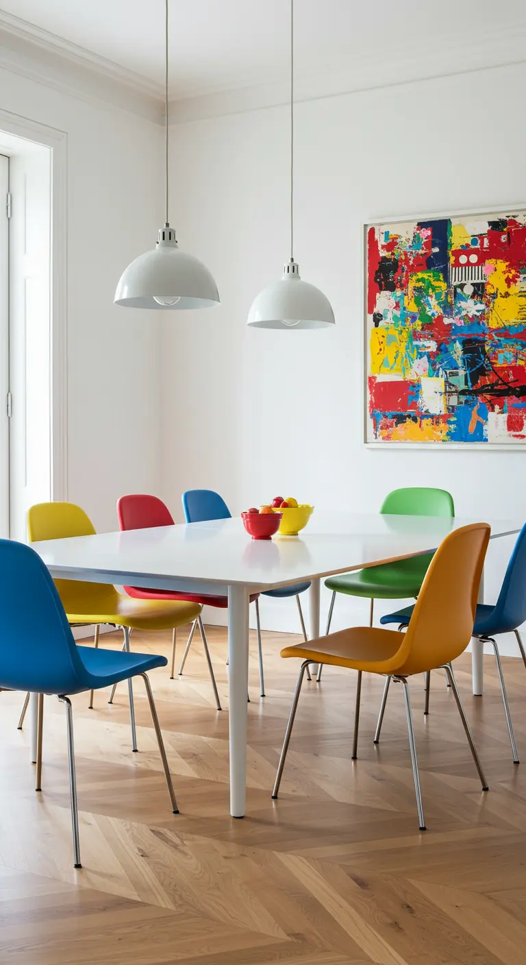 Eetkamer met diverse gekleurde stoelen rond een witte tafel en een kleurrijk schilderij.