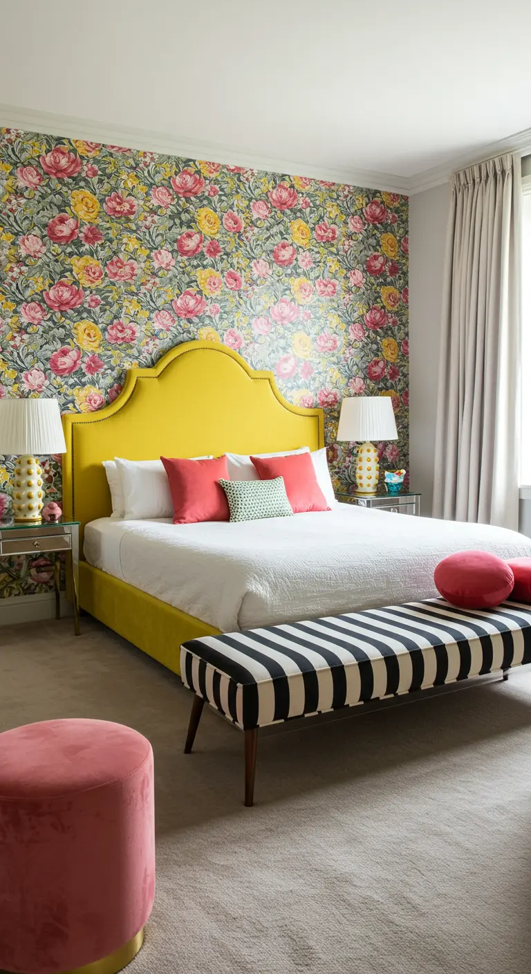 Kleurrijke slaapkamer met bloemenbehang, geel hoofdbord en een zwart-wit gestreept bankje.