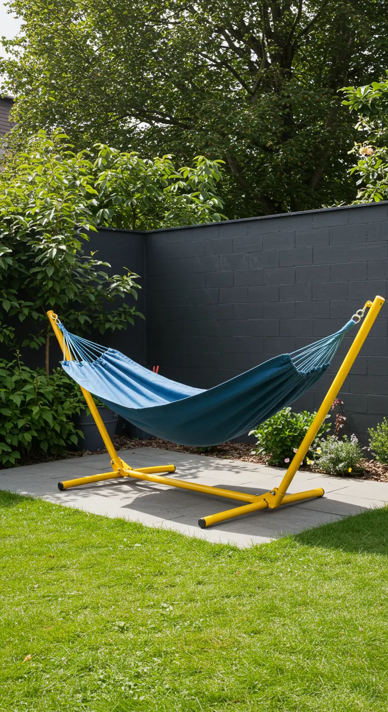 Blauwe hangmat in een felgeel metalen frame, op tegels naast een gazon en donkere schutting.