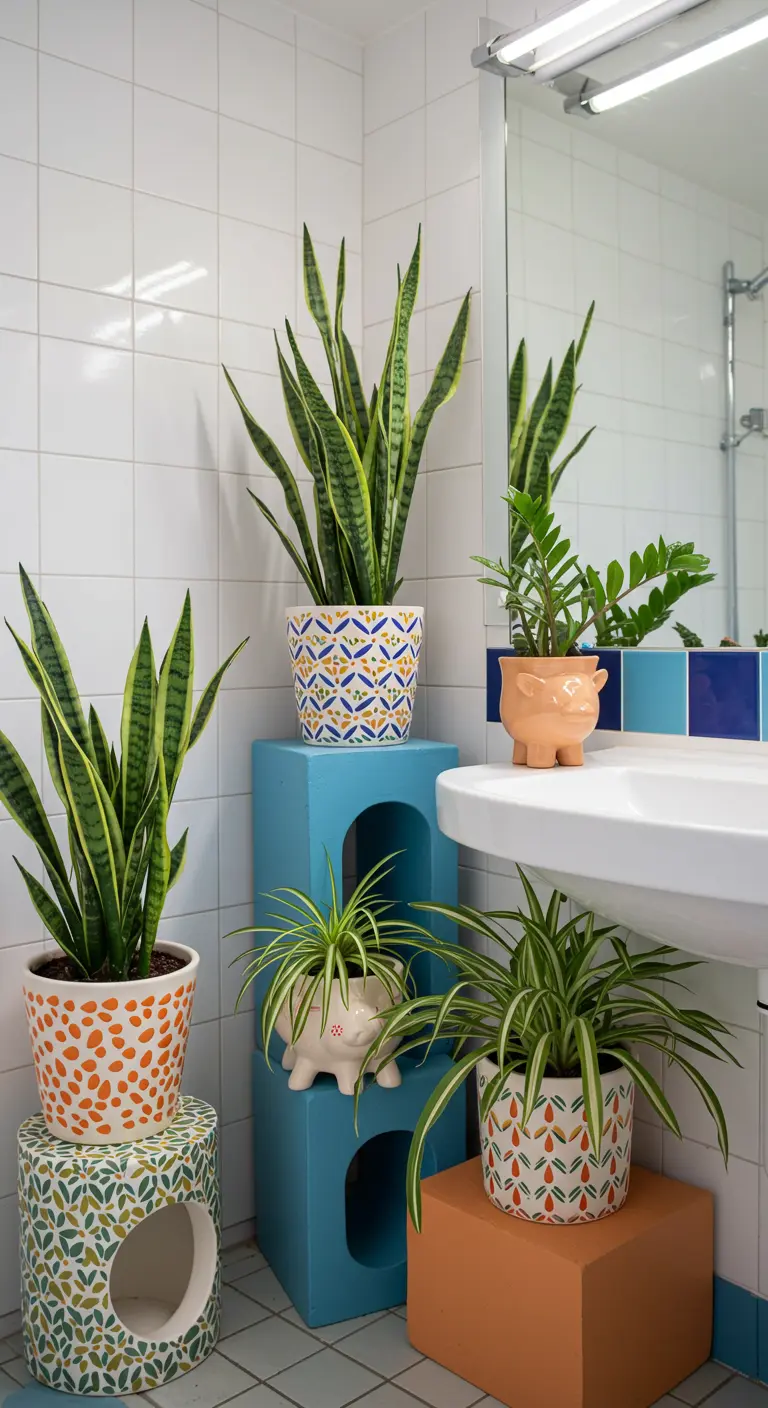 Sansevieria's en graslelies in felgekleurde, gedessineerde potten op kleurrijke sokkels.