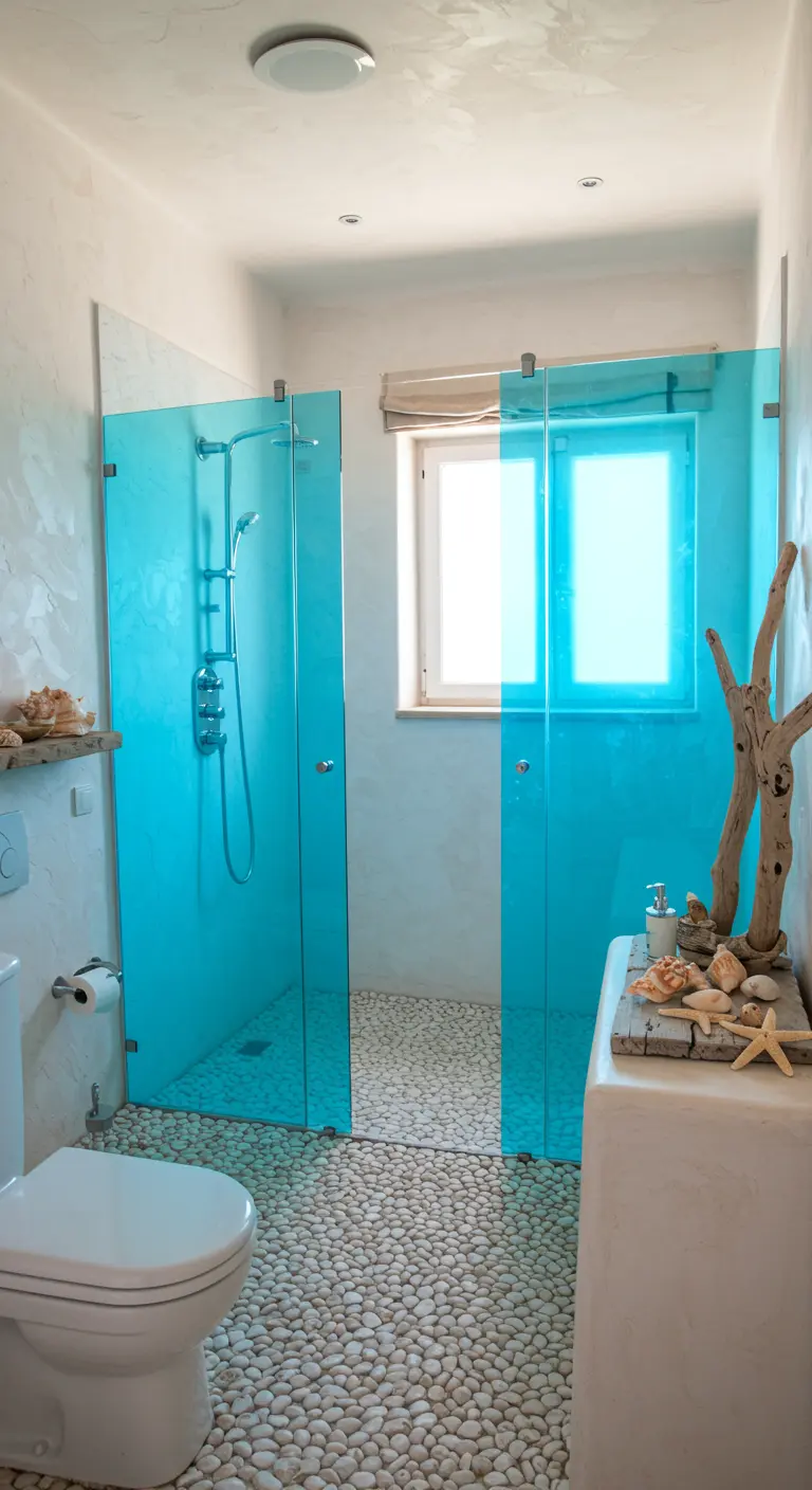 Badkamer met turquoise gekleurd glas en een witte kiezelvloer.