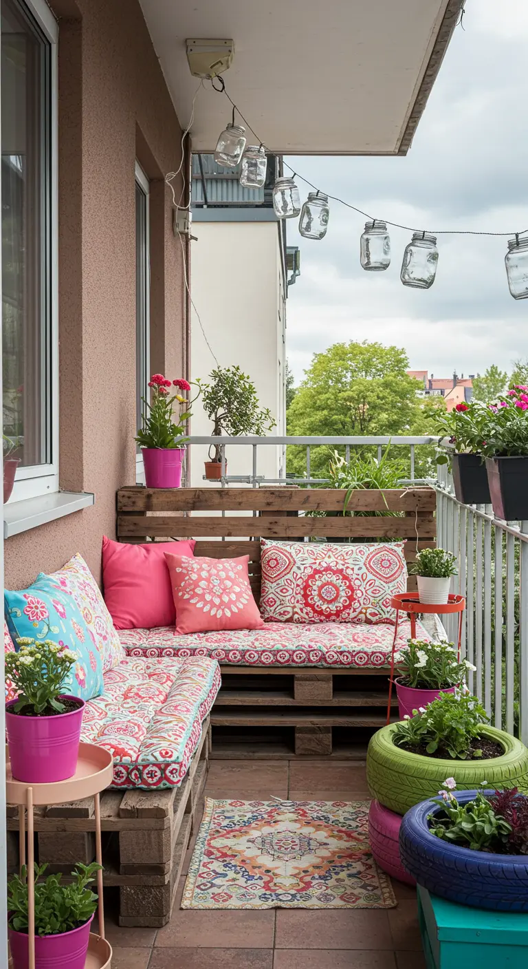 Kleurrijk balkon met palletbank, geverfde autobanden als plantenbakken en lichtsnoer.