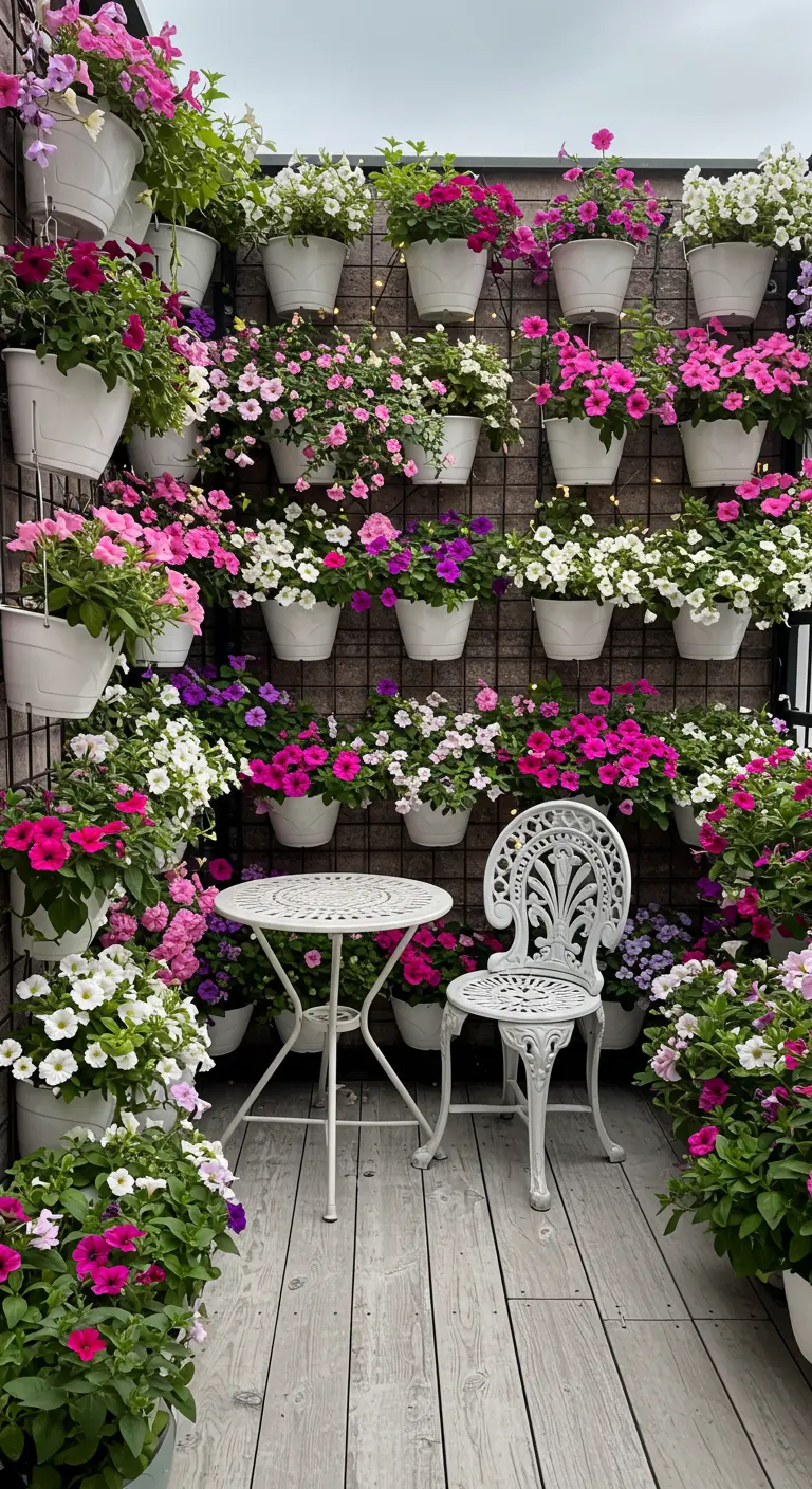 Verticale bloemenwand vol roze en witte petunia's met een wit smeedijzeren bistrosetje.