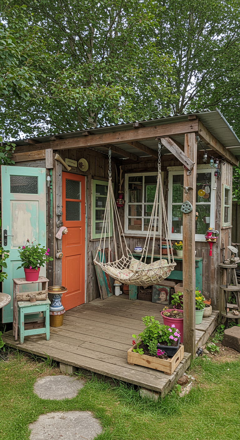 Rustiek houten tuinhuisje met bonte deuren en veranda met hangmatschommel.