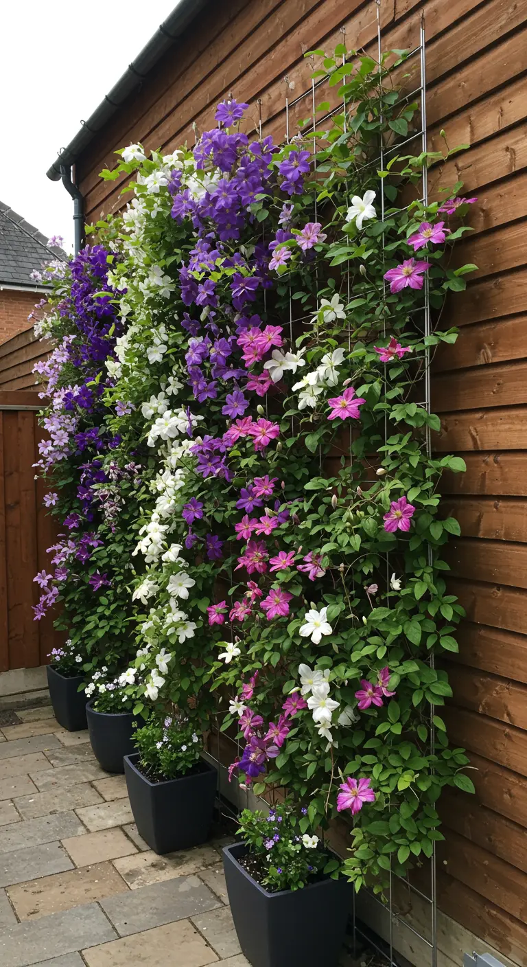 Moderne schutting met RVS trellissen en een mix van paarse, roze en witte Clematis.