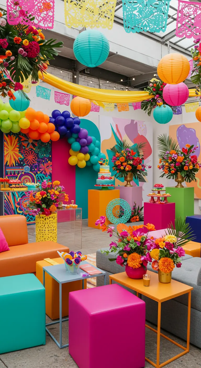 Mexicaans fiesta themafeest met felle kleuren, papieren bloemen en lampionnen.