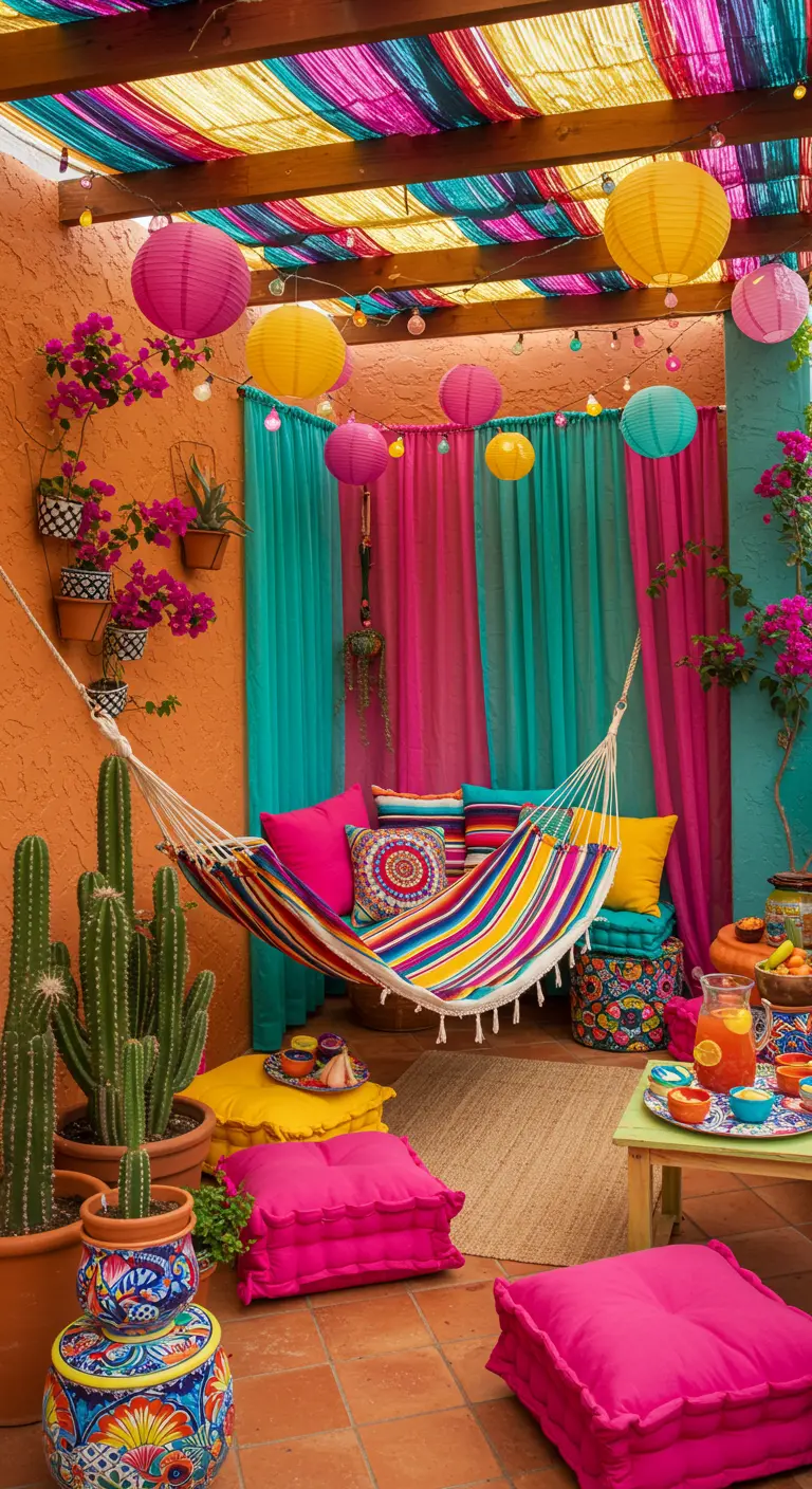 Kleurrijke hangmat met gestreepte stof en roze kussens onder een overkapping met veelkleurige doeken en lampionnen, omringd door cactussen.